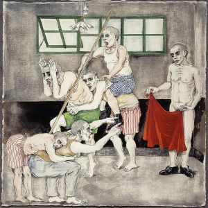 I pazzi del manicomio di Palermo (che mimano la corrida) 1955, disegno a china acquerellata cm 56x56