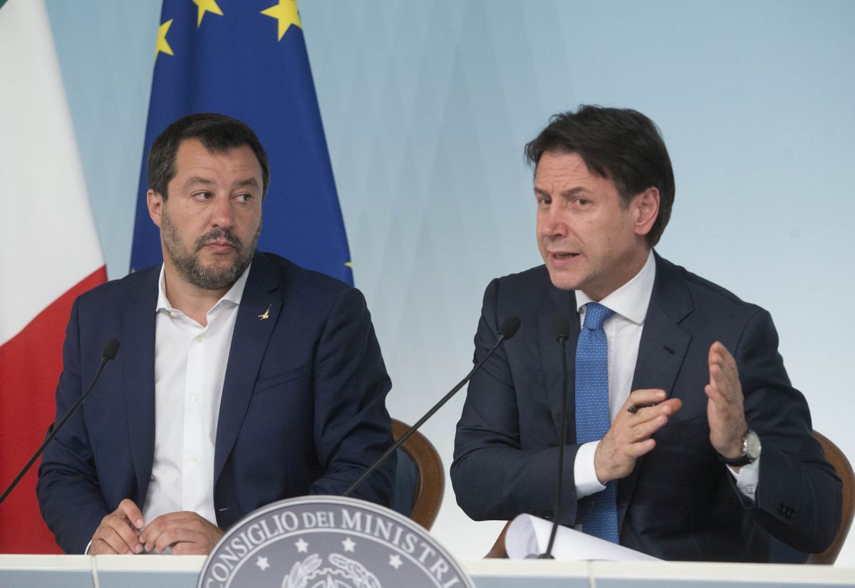 MATTEO SALVINI, GIANCARLO GIORGETTI E GIUSEPPE CONTE IN CONFERENZA STAMPA DOPO IL CONSIGLIO DEI MINISTRI