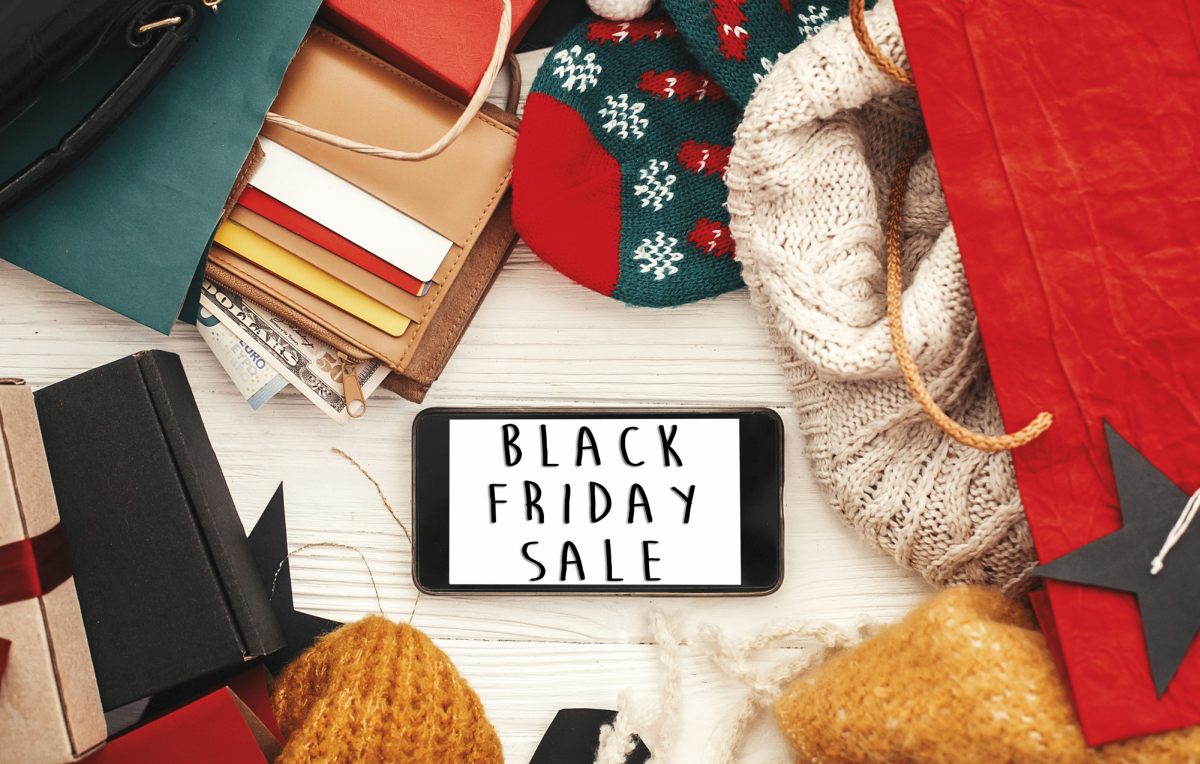 Black Friday big sale text on phone screen. Special discount chr